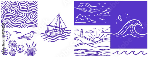 Hand Drawn Coastal Illustrations Set, Minimalist Sea Elements with Sailboat, Waves, and Lighthouse, Blue Ink Style Vector Graphics on White Background