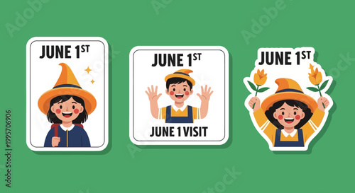 Cheerful June 1st Stickers Featuring Smiling Children and Floral Elements.