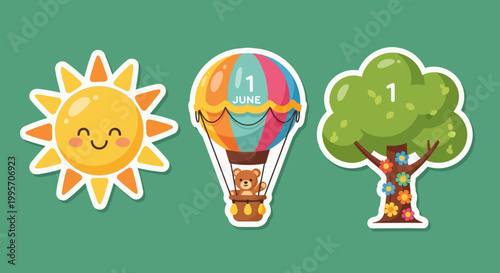 Cheerful Sun, Hot Air Balloon, and Green Tree Stickers on Green Background.
