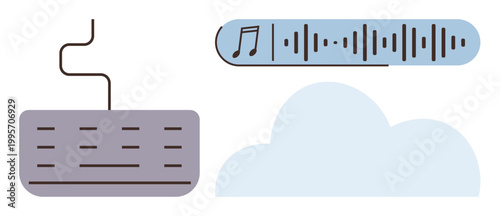Cloud computing, audio streaming, data storage, digital technology, music visualization, online communication. Keyboard, sound waveform and cloud icon. Cloud computing and audio streaming concept