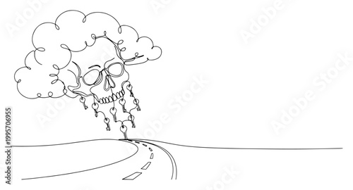 Schilderij op canvas Skull inside a cloud with hanging keys over a highway road in line art style