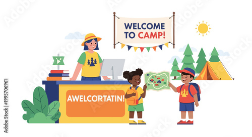 Children at a summer camp reception desk with welcome sign.