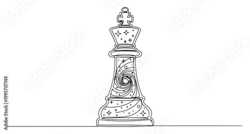 Chess king piece containing a swirling spiral galaxy in minimalist line art style