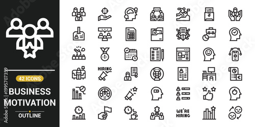 Business success and motivation line icons pack, leadership and growth vector symbols, productivity mindset outline set, achievement, target goals and startup inspiration icons