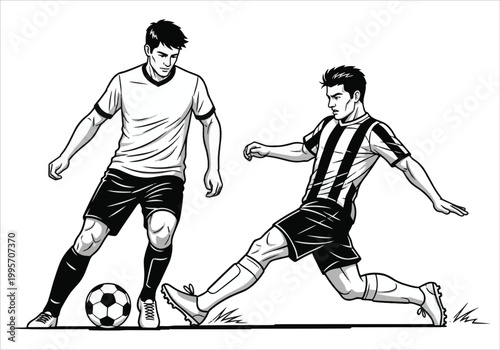 Two male athletes in a dynamic game of soccer, one kicking the ball and the other defending with intense focus, illustrating a competitive sports match vector design