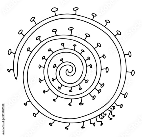 Spiral shape with small pin protrusions in minimalist line art style