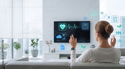 Future smart home health monitoring system woman controlling holographic interface with heart rate data cloud storage technology modern living room interior telemedicine concept