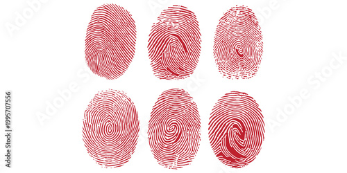Set of six red fingerprint patterns for security and identification biometric concepts