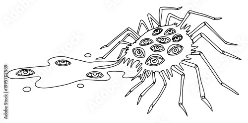 Multi-eyed monster creature with many eyeballs and liquid puddle in creepy linear style