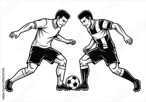 Two athletic male football players in a competitive stance during a game, ready to play soccer and score a goal vector design