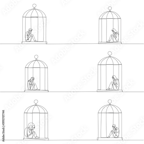 Set of continuous line drawing displays a man, woman, Arab, astronaut, and robot crying sadly inside a locked birdcage. A strong mental health concept ideally suited for a psychology poster layout.