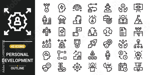 Personal development and self growth line icon collection, productivity and mindset vector symbols, goal setting, habits, success and life improvement outline icons pack