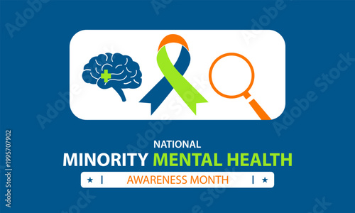 National minority mental health awareness month banner with brain and ribbon