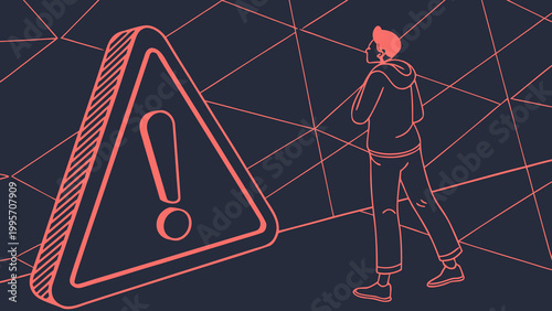 Fraud and hacking alert concept with red warning triangle icon and digital wireframe cybersecurity illustration design.