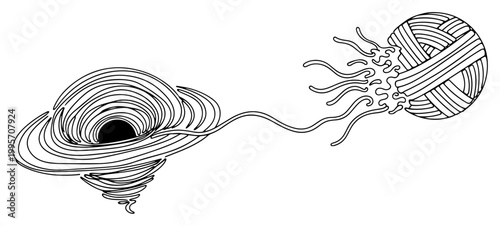 Φωτογραφία Swirling black hole vortex connected to ball of yarn by a single thread in surre