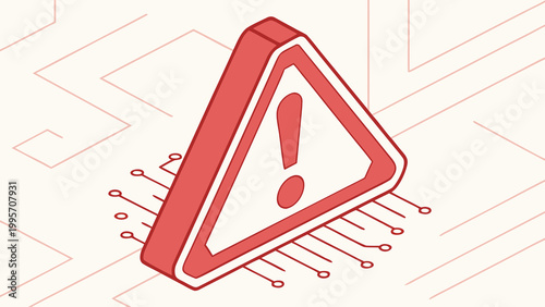 Scam and fraud alert illustration with red warning triangle, digital wireframe style and cybersecurity danger message concept.