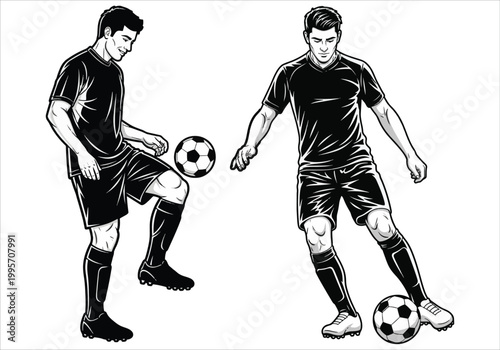 Two soccer players in black uniforms practicing with a soccer ball on a white background, one player is juggling, the other is dribbling vector design