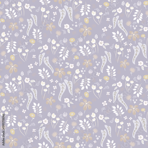 Flower lilac pattern soft muted background with meadow flowers. Farmhouse neutral violet backdrop