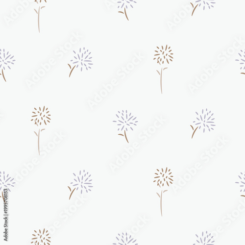 Flower pattern airy dandelions on white background with wildflowers. Farmhouse spring colors backdrop
