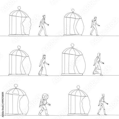 Set of single line drawing shows a man, woman, Arab, astronaut, and robot walking out of a broken birdcage. An excellent freedom concept suited perfectly for a creative business proposal presentation.