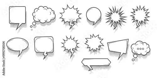 Set of hand drawn comic speech bubbles and thought clouds with halftone dots for graphic design