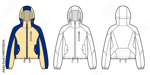 Panelled Technical Windbreaker Jacket Flat Sketch - Color-Block Hooded Outerwear Vector with Toggle Hem. Blue and yellow.