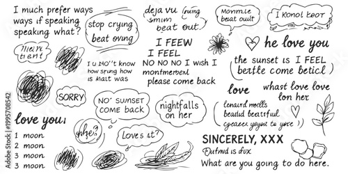 Fotografía Set of hand drawn speech bubbles with romantic phrases and scribbles on a white