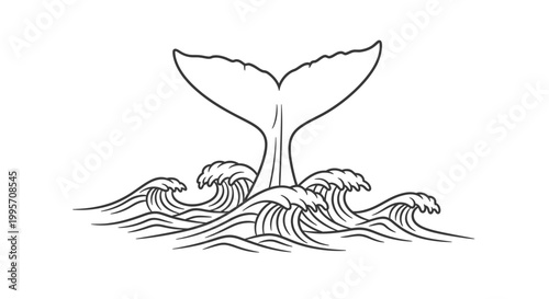 Whale tail diving into ocean waves, minimalist line art illustration