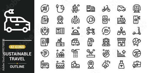 Eco friendly travel line icon collection, sustainable tourism and green transport vector symbols, nature conservation, carbon footprint and environmental outline icons set