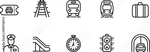 Public transport icons set, train railway ticket luggage station symbols vector illustration collection design
