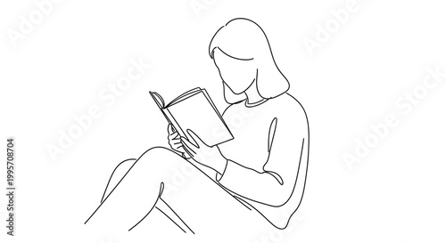 Minimalist Line Art Drawing of a Woman Reading a Book