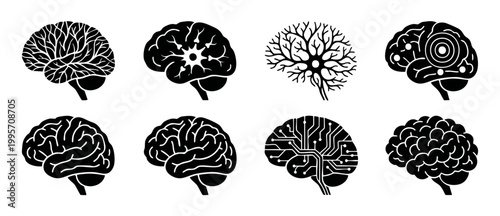 Human Brain Icon Set Collection, Artificial Intelligence Digital Mind Symbols, Anatomical Neural Network Graphics, Tech Innovation and Psychology Concepts, Minimalist Vector Black Shapes on White Back