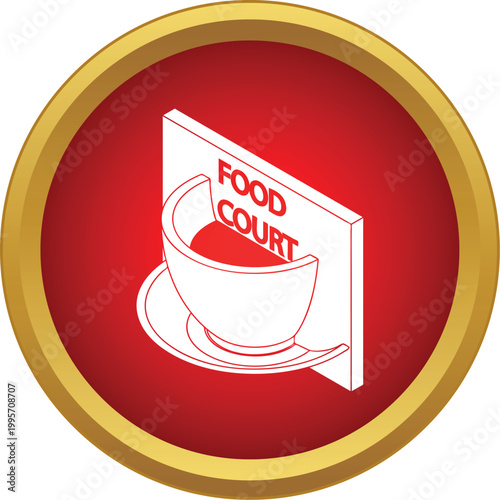 Red circular icon featuring an isometric food court sign and coffee cup