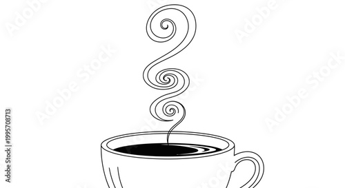Simple line drawing of a steaming cup of coffee or tea, black and white.
