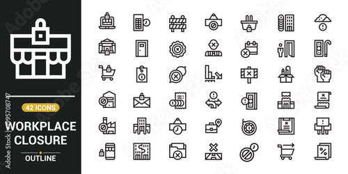 Workplace closure and shutdown line icon collection, closed office and lockdown vector symbols, remote work, business interruption and warning outline icons set