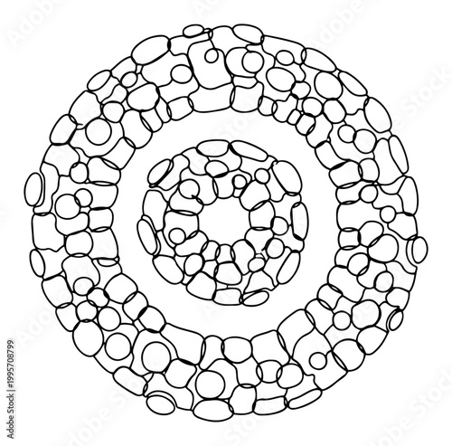 Three concentric rings composed of small pebbles or smooth stones in clean line art style