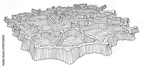 Topographical terrain map with contour lines and tiered plateaus in minimalist linear style