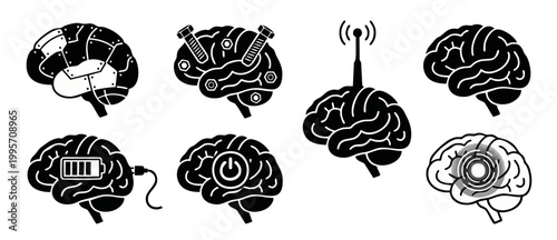Human Brain Icons Set, Artificial Intelligence Concept, Futuristic Neural Network Symbols, Mental Health, Innovation, Science Technology, Digital Mind, Psychology, Creative Thought, Logic and Creativi