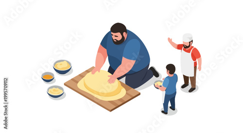 Family Baking Together - Father and Children Kneading Dough.