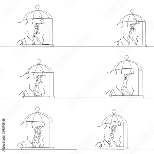 Set of one line drawing shows a man, woman, Arab, astronaut, and robot using an axe to smash a birdcage. An intense barrier breaking concept suited nicely for a business motivation poster.