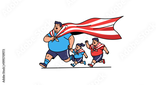 Family of Superheroes Running Together with a Patriotic Cape.
