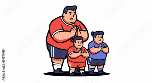 Family Praying Together in a Cartoon Illustration, Hands Clasped.