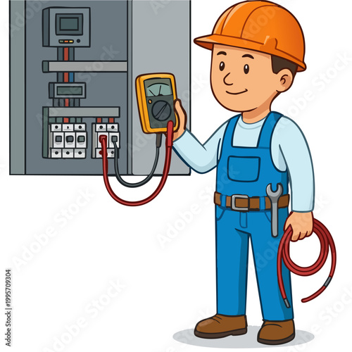 Electrician Testing Electrical Panel with Multimeter Cartoon Vector Illustration
