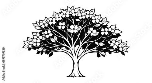 Stylized Black and White Blooming Tree Illustration