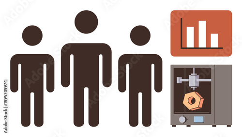 Technology trends, manufacturing, innovation, data analysis, workforce, production. Silhouette people, bar chart and 3D printer with object. Innovation and data analysis concepts