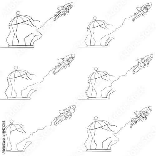 Set of one line drawing presents a man, woman, Arab, astronaut, and robot using a jetpack to escape a birdcage. A wonderful business breakthrough concept designed for a startup promotion poster layout