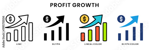 Profit growth and financial analytics bar chart uptrend icon set in line, glyph, lineal color and glyph color styles