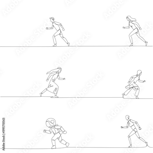 Set of continuous line drawing displays a man, woman, Arab, astronaut, and robot running fast forward. An excellent business success concept perfectly designed for a corporate motivation poster.