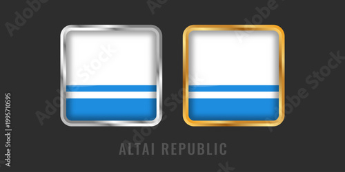Flag of the Altai Republic (Russia) featuring blue and white stripes. High-quality 3D square glossy buttons with gold and silver metallic borders.