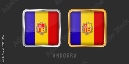 Luxury 3D square glossy flag of Andorra with national coat of arms. High-quality vector icons with gold and silver borders for application design.